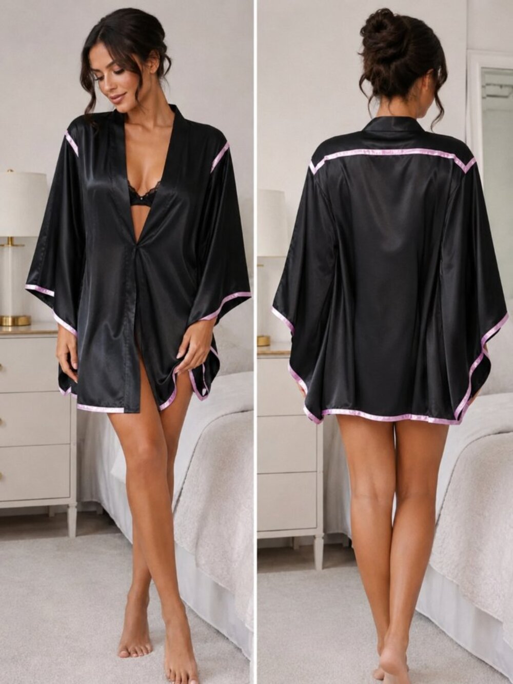 Victoria's Secret Women's Black & Pink Satin Batwing Sleeve Kimono, XS/S